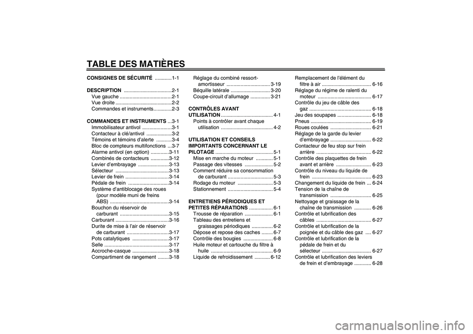 YAMAHA FZ6 SHG 2008 Notices Demploi (in French) TABLE DES MATIÈRESCONSIGNES DE SÉCURITÉ ............1-1
DESCRIPTION ..................................2-1
Vue gauche .....................................2-1
Vue droite ............................ YAMAHA FZ6 SHG 2008 Notices Demploi (in French) TABLE DES MATIÈRESCONSIGNES DE SÉCURITÉ ............1-1
DESCRIPTION ..................................2-1
Vue gauche .....................................2-1
Vue droite ............................