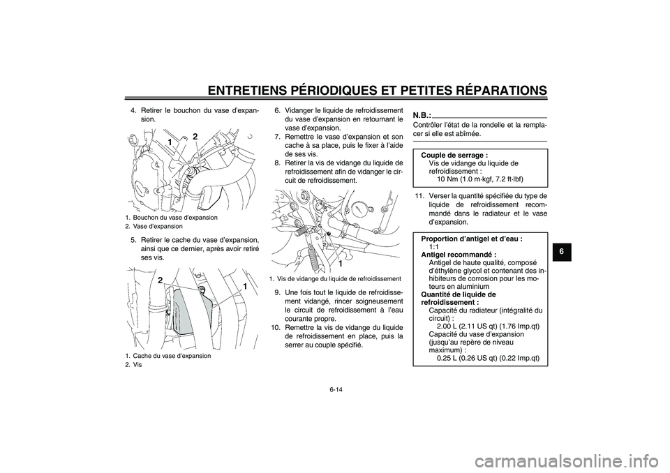 YAMAHA FZ6 SHG 2008 Notices Demploi (in French) ENTRETIENS PÉRIODIQUES ET PETITES RÉPARATIONS
6-14
6
4. Retirer le bouchon du vase d’expan-
sion.
5. Retirer le cache du vase d’expansion,
ainsi que ce dernier, après avoir retiré
ses vis.6. V YAMAHA FZ6 SHG 2008 Notices Demploi (in French) ENTRETIENS PÉRIODIQUES ET PETITES RÉPARATIONS
6-14
6
4. Retirer le bouchon du vase d’expan-
sion.
5. Retirer le cache du vase d’expansion,
ainsi que ce dernier, après avoir retiré
ses vis.6. V
