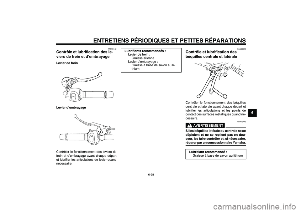 YAMAHA FZ6 SHG 2008  Notices Demploi (in French) ENTRETIENS PÉRIODIQUES ET PETITES RÉPARATIONS
6-28
6
FAU23142
Contrôle et lubrification des le-
viers de frein et d’embrayage Levier de frein
Levier d’embrayage
Contrôler le fonctionnement des