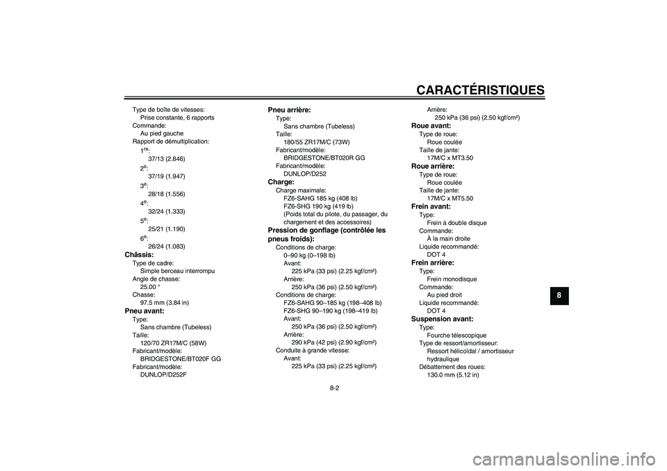 YAMAHA FZ6 SHG 2008 Notices Demploi (in French) CARACTÉRISTIQUES
8-2
8
Type de boîte de vitesses:
Prise constante, 6 rapports
Commande:
Au pied gauche
Rapport de démultiplication:
1
re:
37/13 (2.846)
2e:
37/19 (1.947)
3e:
28/18 (1.556)
4e:
32/24 YAMAHA FZ6 SHG 2008 Notices Demploi (in French) CARACTÉRISTIQUES
8-2
8
Type de boîte de vitesses:
Prise constante, 6 rapports
Commande:
Au pied gauche
Rapport de démultiplication:
1
re:
37/13 (2.846)
2e:
37/19 (1.947)
3e:
28/18 (1.556)
4e:
32/24