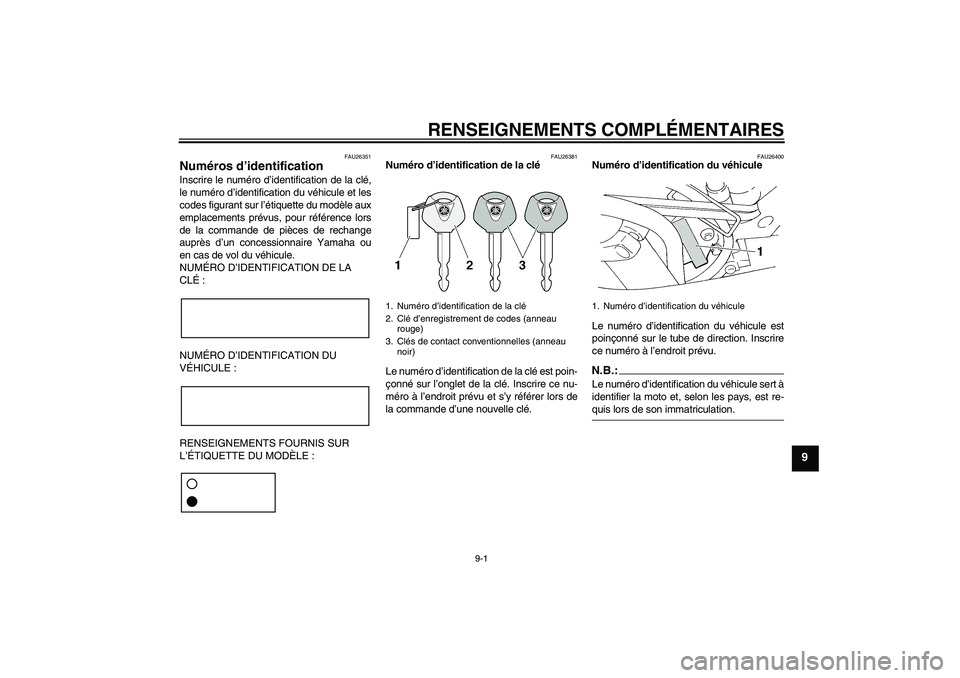 YAMAHA FZ6 SHG 2008 Notices Demploi (in French) RENSEIGNEMENTS COMPLÉMENTAIRES
9-1
9
FAU26351
Numéros d’identification Inscrire le numéro d’identification de la clé,
le numéro d’identification du véhicule et les
codes figurant sur l’ YAMAHA FZ6 SHG 2008 Notices Demploi (in French) RENSEIGNEMENTS COMPLÉMENTAIRES
9-1
9
FAU26351
Numéros d’identification Inscrire le numéro d’identification de la clé,
le numéro d’identification du véhicule et les
codes figurant sur l’