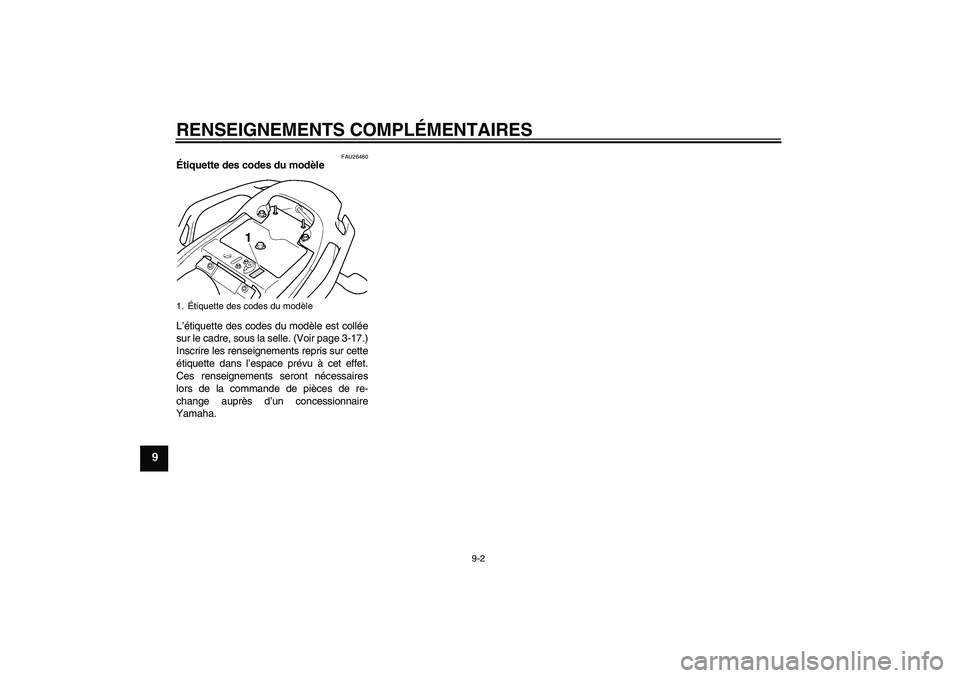 YAMAHA FZ6 SHG 2008  Notices Demploi (in French) RENSEIGNEMENTS COMPLÉMENTAIRES
9-2
9
FAU26480
Étiquette des codes du modèle 
L’étiquette des codes du modèle est collée
sur le cadre, sous la selle. (Voir page 3-17.)
Inscrire les renseignemen