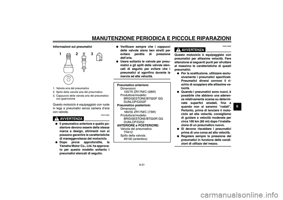 YAMAHA FZ6 SHG 2008 Manuale duso (in Italian) MANUTENZIONE PERIODICA E PICCOLE RIPARAZIONI
6-21
6
Informazioni sui pneumatici
Questo motociclo è equipaggiato con ruote
in lega e pneumatici senza camera d’aria
con valvole.
AVVERTENZA
HWA10480
YAMAHA FZ6 SHG 2008 Manuale duso (in Italian) MANUTENZIONE PERIODICA E PICCOLE RIPARAZIONI
6-21
6
Informazioni sui pneumatici
Questo motociclo è equipaggiato con ruote
in lega e pneumatici senza camera d’aria
con valvole.
AVVERTENZA
HWA10480
