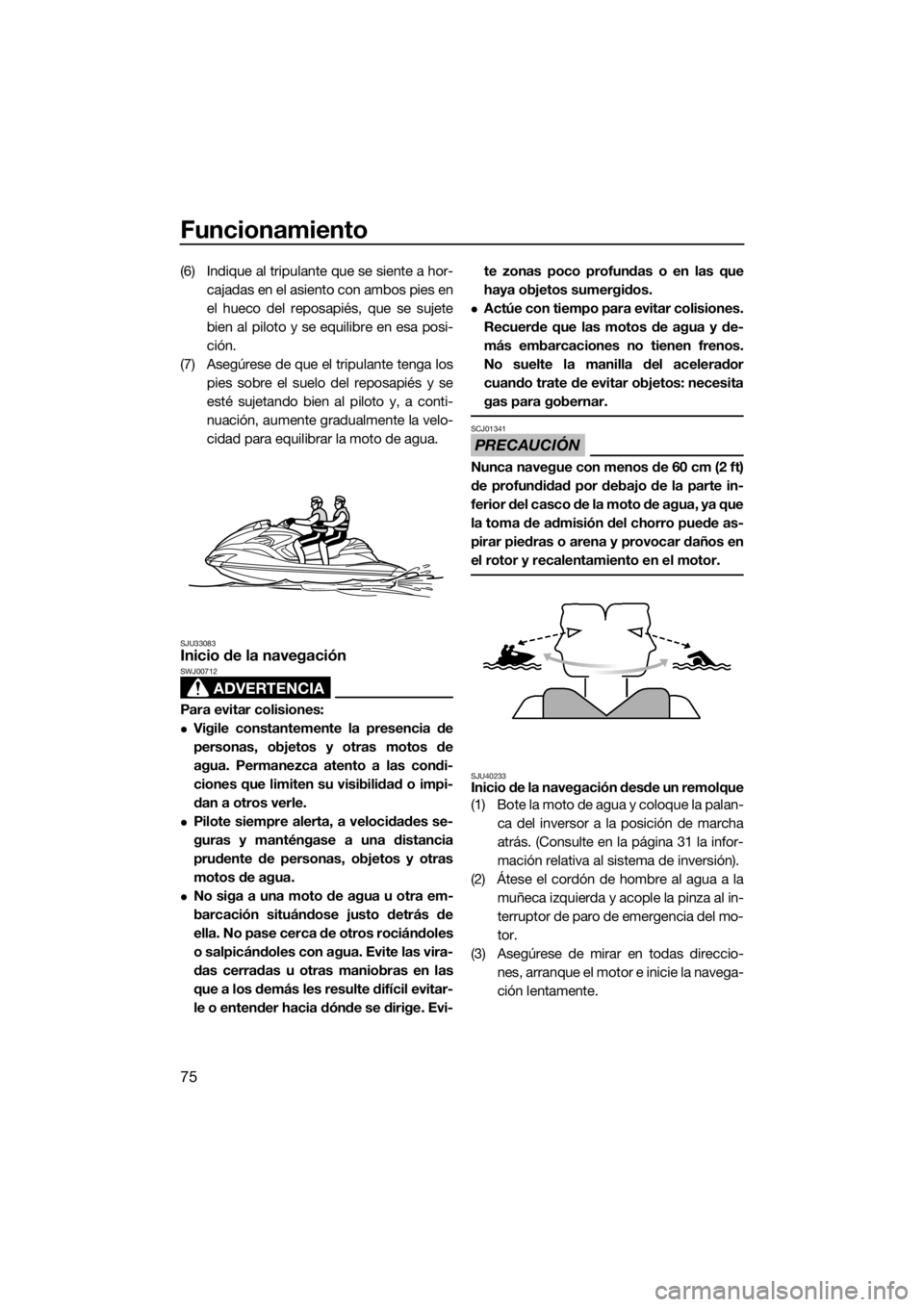 YAMAHA FZR 2015  Manuale de Empleo (in Spanish) Funcionamiento
75
(6) Indique al tripulante que se siente a hor-
cajadas en el asiento con ambos pies en
el hueco del reposapiés, que se sujete
bien al piloto y se equilibre en esa posi-
ción.
(7) A