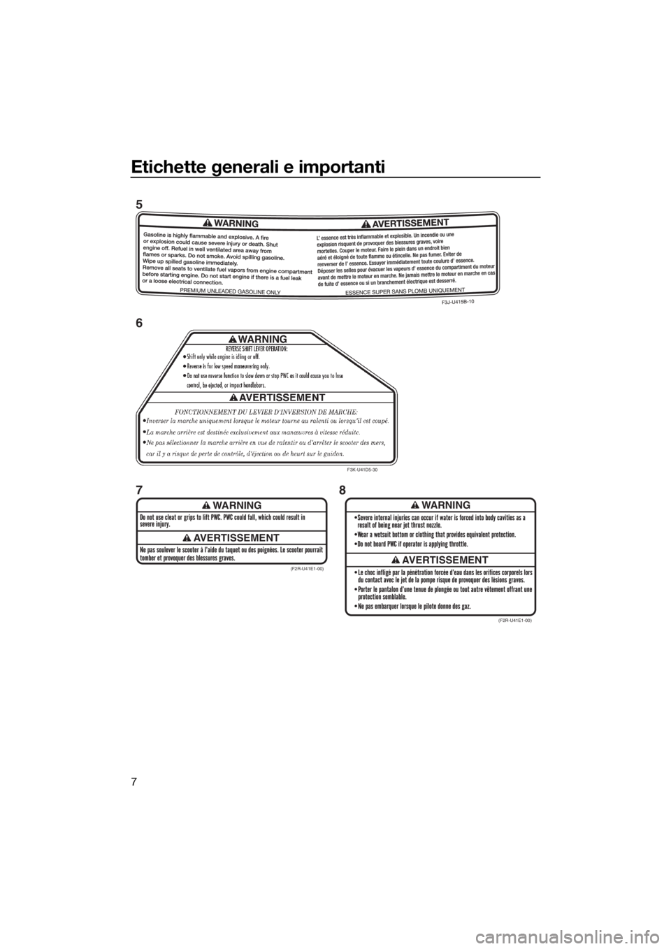 YAMAHA FZR 2015  Manuale duso (in Italian) Etichette generali e importanti
7
WARNING
AVERTISSEMENT
WARNING
AVERTISSEMENT(F2R-U41E1-00)
(F2R-U41E1-00)
F3K-U41D5-30
5
6
78
UF3L71H0.book  Page 7  Friday, June 13, 2014  5:12 PM 