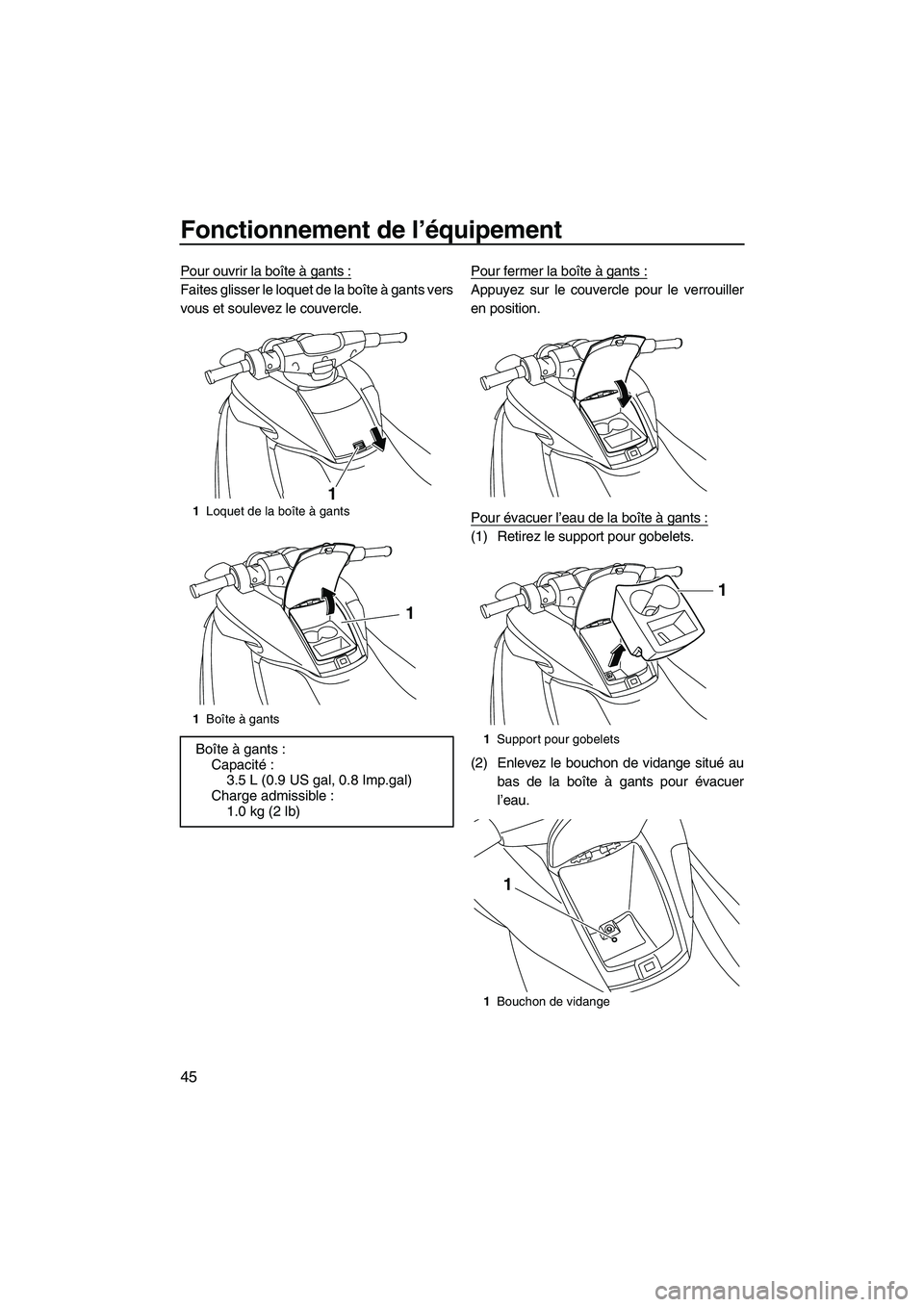 YAMAHA FZR 2013  Notices Demploi (in French) Fonctionnement de l’équipement
45
Pour ouvrir la boîte à gants :
Faites glisser le loquet de la boîte à gants vers
vous et soulevez le couvercle.Pour fermer la boîte à gants :Appuyez sur le c
