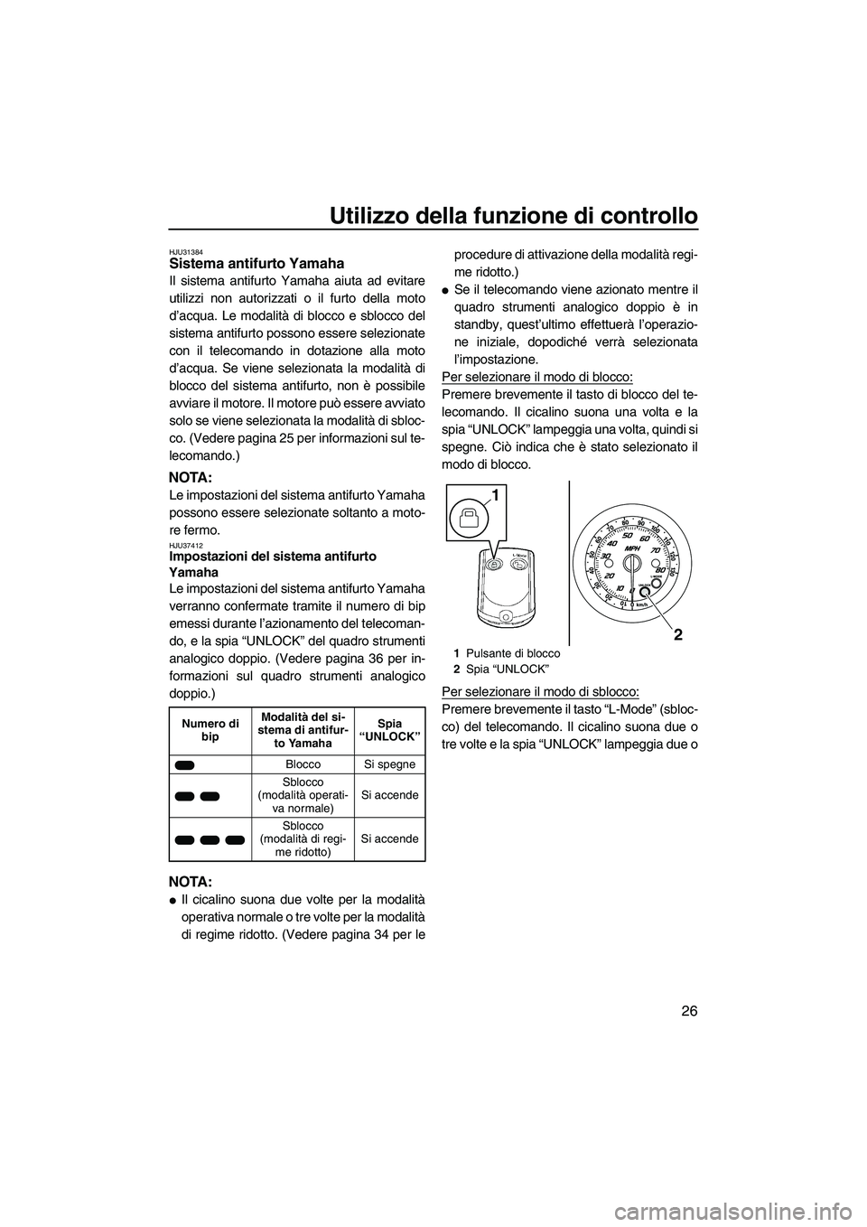 YAMAHA FZR 2013 Manuale duso (in Italian) Utilizzo della funzione di controllo
26
HJU31384Sistema antifurto Yamaha
Il sistema antifurto Yamaha aiuta ad evitare
utilizzi non autorizzati o il furto della moto
d’acqua. Le modalità di blocco YAMAHA FZR 2013 Manuale duso (in Italian) Utilizzo della funzione di controllo
26
HJU31384Sistema antifurto Yamaha
Il sistema antifurto Yamaha aiuta ad evitare
utilizzi non autorizzati o il furto della moto
d’acqua. Le modalità di blocco