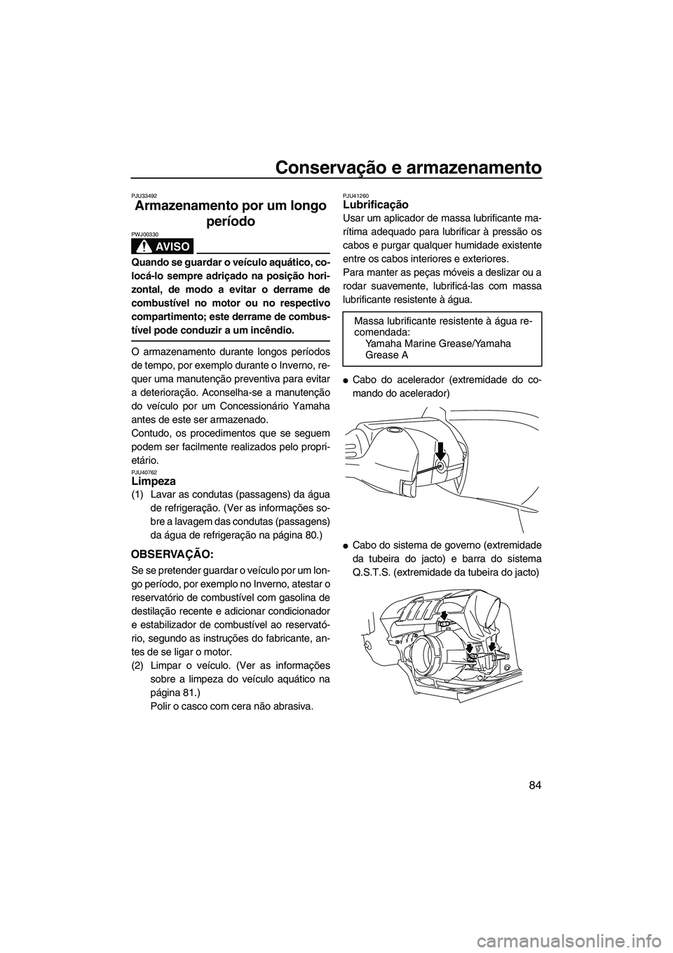 YAMAHA FZR 2013 Manual de utilização (in Portuguese) Conservação e armazenamento
84
PJU33492
Armazenamento por um longo período
AV I S O
PWJ00330
Quando se guardar o veículo aquático, co-
locá-lo sempre adriçado na posição hori-
zontal, de mod YAMAHA FZR 2013 Manual de utilização (in Portuguese) Conservação e armazenamento
84
PJU33492
Armazenamento por um longo período
AV I S O
PWJ00330
Quando se guardar o veículo aquático, co-
locá-lo sempre adriçado na posição hori-
zontal, de mod