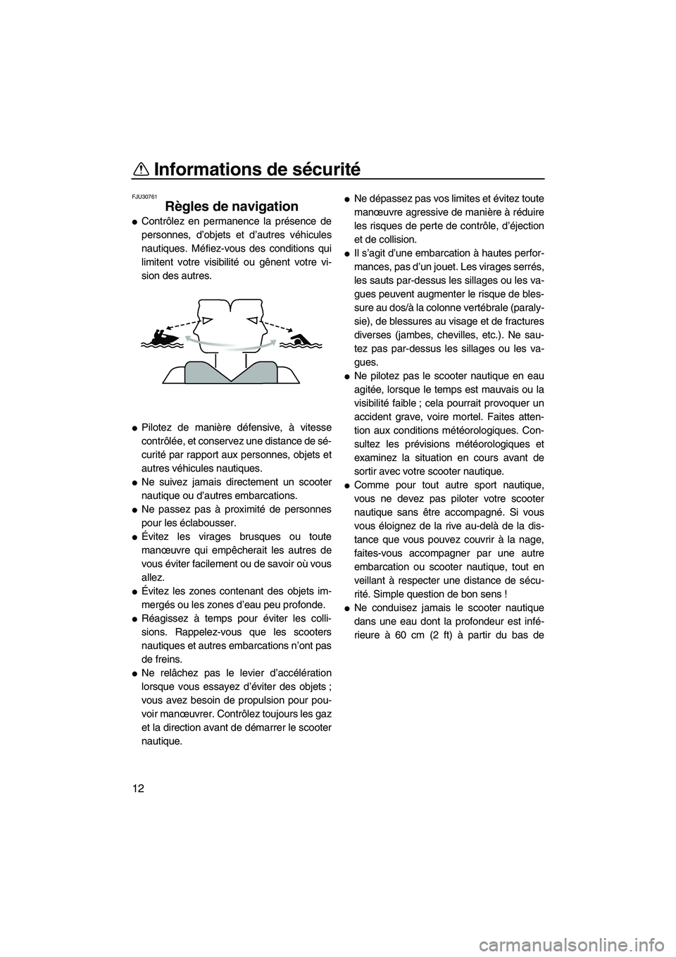 YAMAHA FZR SVHO 2012  Notices Demploi (in French) Informations de sécurité
12
FJU30761
Règles de navigation 
Contrôlez en permanence la présence de
personnes, d’objets et d’autres véhicules
nautiques. Méfiez-vous des conditions qui
limite