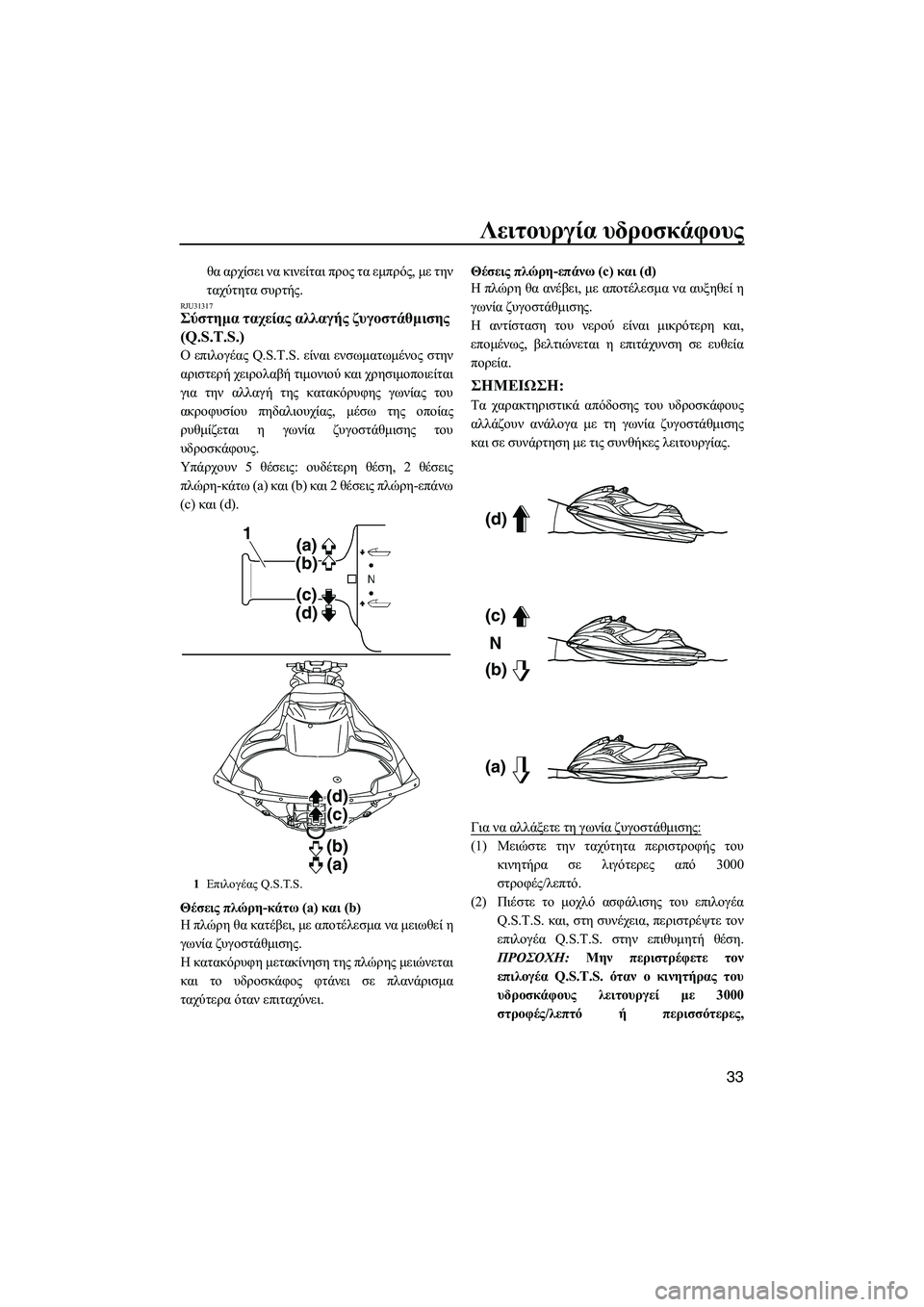 YAMAHA FZR SVHO 2012  ΟΔΗΓΌΣ ΧΡΉΣΗΣ (in Greek) Λειτουργία υδροσκάφους
33
θα αρχίσει να κινείται προς τα εµπρός, µε την
ταχύτητα συρτής.
RJU31317Σύστηµα ταχείας α