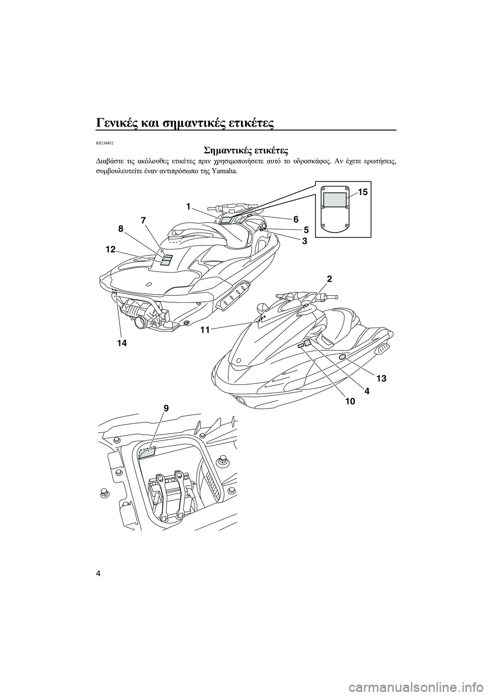 YAMAHA FZR SVHO 2012  ΟΔΗΓΌΣ ΧΡΉΣΗΣ (in Greek) Γενικές και σηµαντικές ετικέτες
4
RJU30452
Σηµαντικές ετικέτες 
∆ιαβάστε τις ακόλουθες ετικέτες πριν χρησιµοποι
