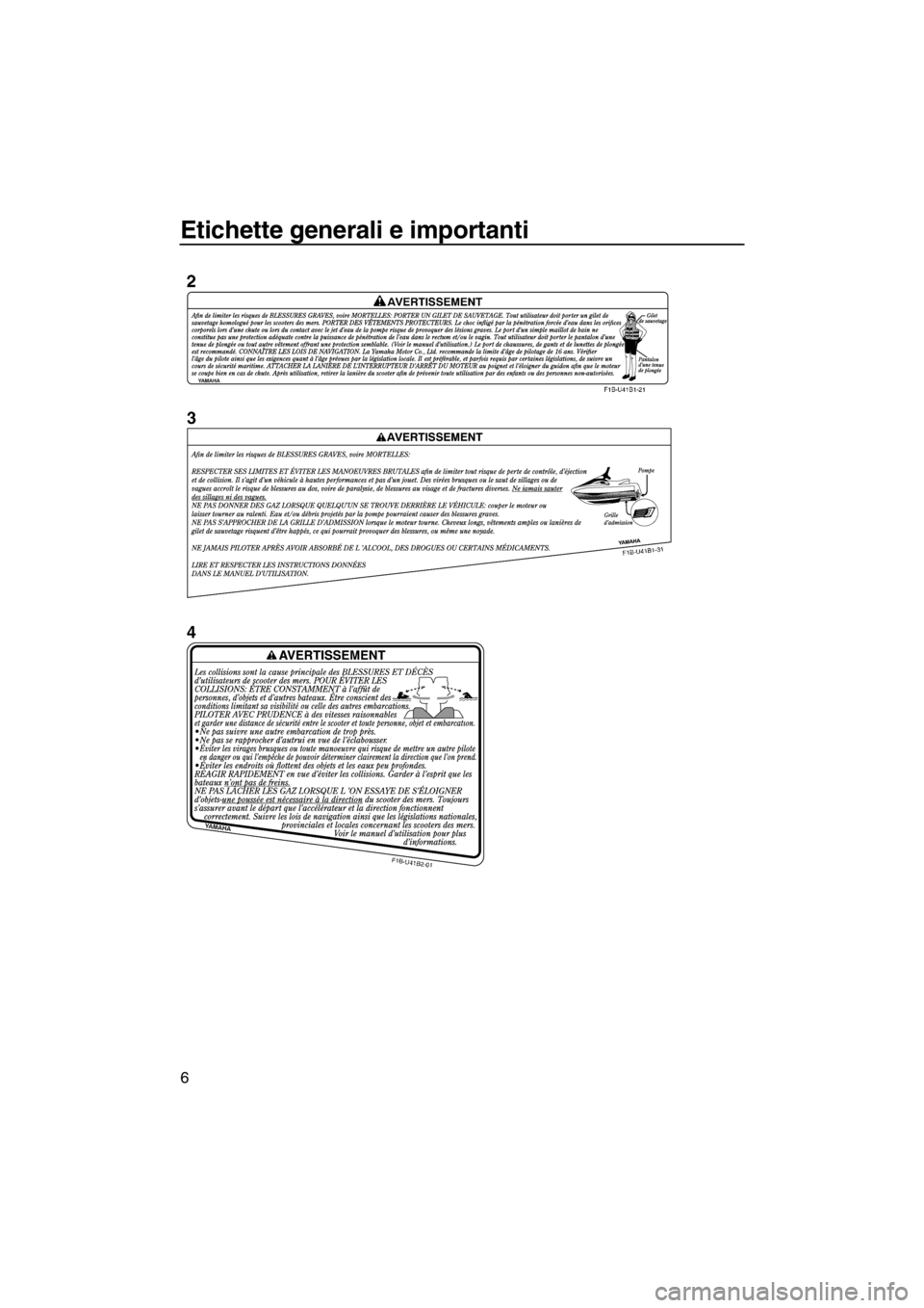 YAMAHA FZR SVHO 2012  Manuale duso (in Italian) Etichette generali e importanti
6
UF2R73H0.book  Page 6  Wednesday, June 29, 2011  1:42 PM 