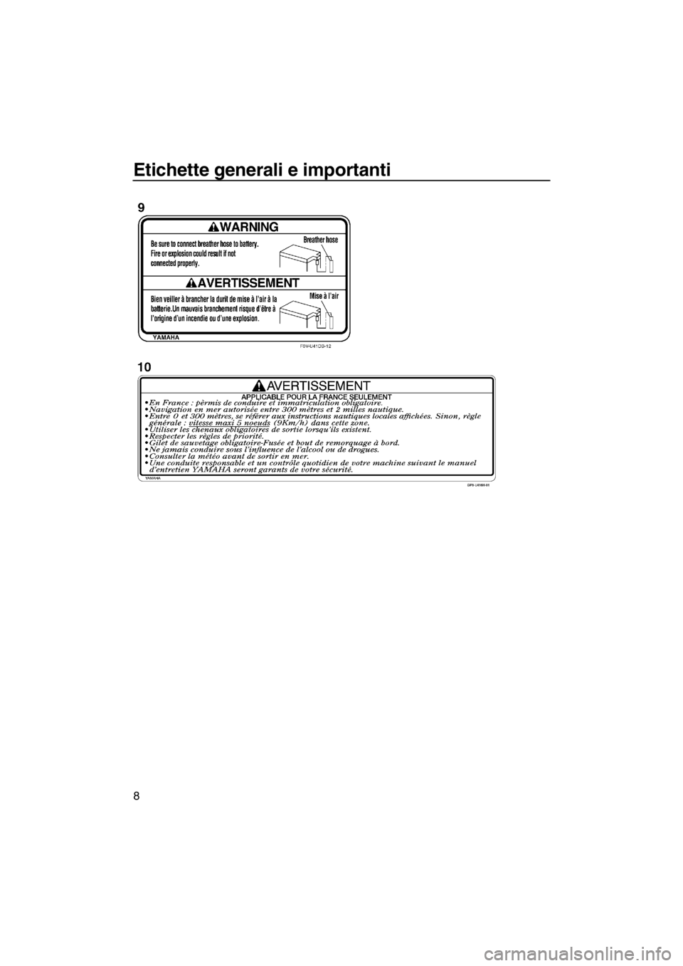 YAMAHA FZR SVHO 2012  Manuale duso (in Italian) Etichette generali e importanti
8
UF2R73H0.book  Page 8  Wednesday, June 29, 2011  1:42 PM 