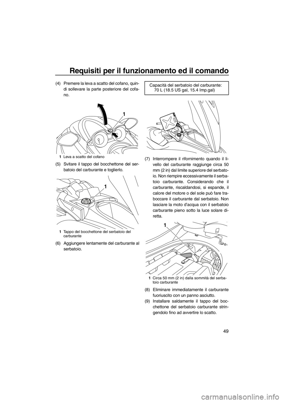 YAMAHA FZR SVHO 2012 Manuale duso (in Italian) Requisiti per il funzionamento ed il comando
49
(4) Premere la leva a scatto del cofano, quin-
di sollevare la parte posteriore del cofa-
no.
(5) Svitare il tappo del bocchettone del ser-
batoio del c YAMAHA FZR SVHO 2012 Manuale duso (in Italian) Requisiti per il funzionamento ed il comando
49
(4) Premere la leva a scatto del cofano, quin-
di sollevare la parte posteriore del cofa-
no.
(5) Svitare il tappo del bocchettone del ser-
batoio del c