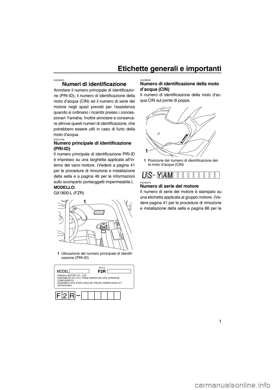 YAMAHA FZR SVHO 2012 Manuale duso (in Italian) Etichette generali e importanti
1
HJU36451
Numeri di identificazione
Annotare il numero principale di identificazio-
ne (PRI-ID), il numero di identificazione della
moto d’acqua (CIN) ed il numero YAMAHA FZR SVHO 2012 Manuale duso (in Italian) Etichette generali e importanti
1
HJU36451
Numeri di identificazione
Annotare il numero principale di identificazio-
ne (PRI-ID), il numero di identificazione della
moto d’acqua (CIN) ed il numero