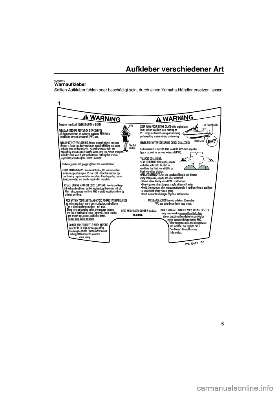 YAMAHA FZR SVHO 2010  Betriebsanleitungen (in German) Aufkleber verschiedener Art
5
GJU35912Warnaufkleber 
Sollten Aufkleber fehlen oder beschädigt sein, durch einen Yamaha-Händler ersetzen lassen.
1
UF2R71G0.book  Page 5  Thursday, July 16, 2009  1:19