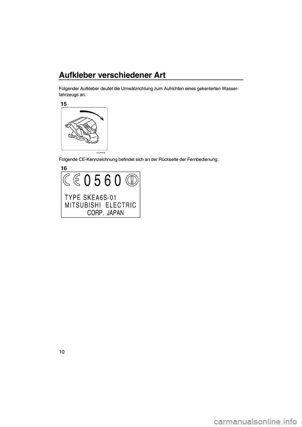 YAMAHA FZR SVHO 2010  Betriebsanleitungen (in German) Aufkleber verschiedener Art
10
Folgender Aufkleber deutet die Umwälzrichtung zum Aufrichten eines gekenterten Wasser-
fahrzeugs an.
Folgende CE-Kennzeichnung befindet sich an der Rückseite der Fernb