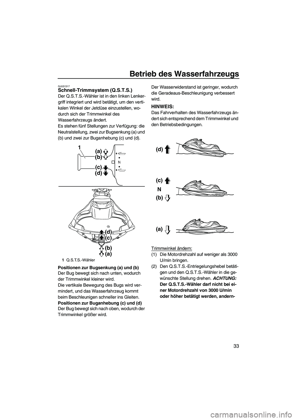 YAMAHA FZR SVHO 2010 Betriebsanleitungen (in German) Betrieb des Wasserfahrzeugs
33
GJU31317Schnell-Trimmsystem (Q.S.T.S.)
Der Q.S.T.S.-Wähler ist in den linken Lenker-
griff integriert und wird betätigt, um den verti-
kalen Winkel der Jetdüse einzu YAMAHA FZR SVHO 2010 Betriebsanleitungen (in German) Betrieb des Wasserfahrzeugs
33
GJU31317Schnell-Trimmsystem (Q.S.T.S.)
Der Q.S.T.S.-Wähler ist in den linken Lenker-
griff integriert und wird betätigt, um den verti-
kalen Winkel der Jetdüse einzu