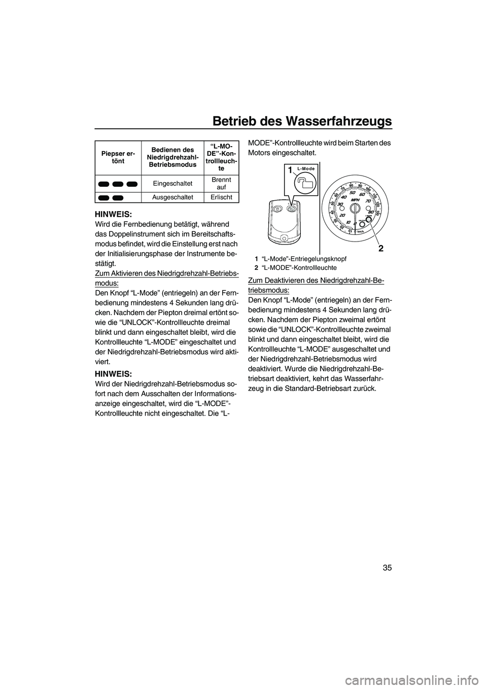 YAMAHA FZR SVHO 2010 Betriebsanleitungen (in German) Betrieb des Wasserfahrzeugs
35
HINWEIS:
Wird die Fernbedienung betätigt, während
das Doppelinstrument sich im Bereitschafts-
modus befindet, wird die Einstellung erst nach
der Initialisierungsphas YAMAHA FZR SVHO 2010 Betriebsanleitungen (in German) Betrieb des Wasserfahrzeugs
35
HINWEIS:
Wird die Fernbedienung betätigt, während
das Doppelinstrument sich im Bereitschafts-
modus befindet, wird die Einstellung erst nach
der Initialisierungsphas
