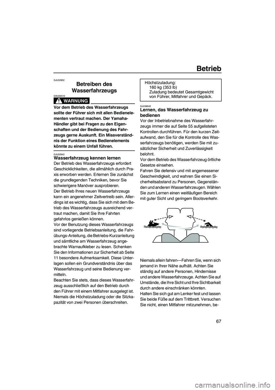 YAMAHA FZR SVHO 2010 Betriebsanleitungen (in German) Betrieb
67
GJU32902
Betreiben des
Wasserfahrzeugs
WARNUNG
GWJ00510
Vor dem Betrieb des Wasserfahrzeugs
sollte der Führer sich mit allen Bedienele-
menten vertraut machen. Der Yamaha-
Händler gibt YAMAHA FZR SVHO 2010 Betriebsanleitungen (in German) Betrieb
67
GJU32902
Betreiben des
Wasserfahrzeugs
WARNUNG
GWJ00510
Vor dem Betrieb des Wasserfahrzeugs
sollte der Führer sich mit allen Bedienele-
menten vertraut machen. Der Yamaha-
Händler gibt