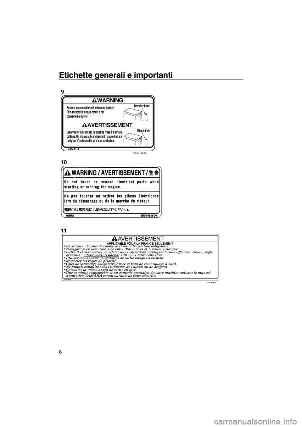 YAMAHA FZR SVHO 2010  Manuale duso (in Italian) Etichette generali e importanti
8
UF2R71H0.book  Page 8  Thursday, July 16, 2009  11:29 AM 