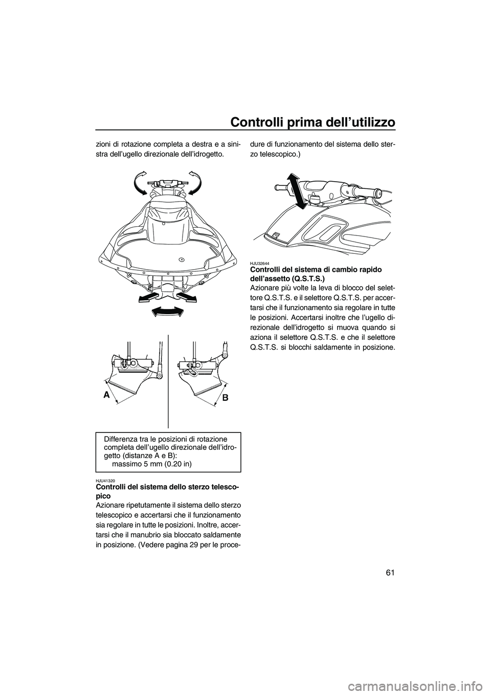 YAMAHA FZR SVHO 2010  Manuale duso (in Italian) Controlli prima dell’utilizzo
61
zioni di rotazione completa a destra e a sini-
stra dell’ugello direzionale dell’idrogetto.
HJU41320Controlli del sistema dello sterzo telesco-
pico 
Azionare ri