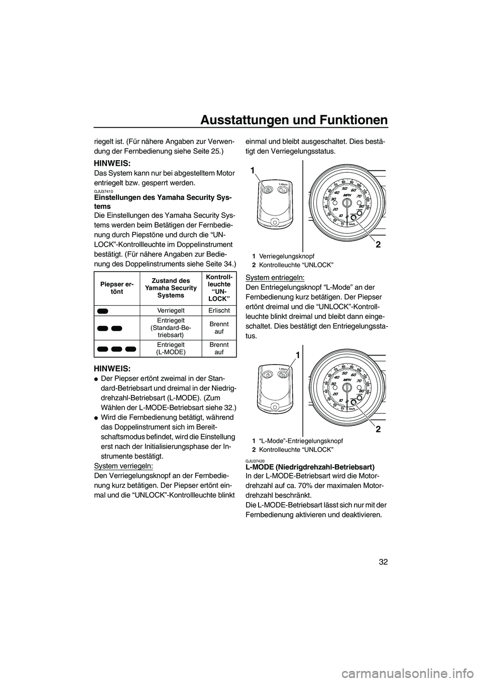YAMAHA FZR 2009 Betriebsanleitungen (in German) Ausstattungen und Funktionen
32
riegelt ist. (Für nähere Angaben zur Verwen-
dung der Fernbedienung siehe Seite 25.)
HINWEIS:
Das System kann nur bei abgestelltem Motor
entriegelt bzw. gesperrt wer YAMAHA FZR 2009 Betriebsanleitungen (in German) Ausstattungen und Funktionen
32
riegelt ist. (Für nähere Angaben zur Verwen-
dung der Fernbedienung siehe Seite 25.)
HINWEIS:
Das System kann nur bei abgestelltem Motor
entriegelt bzw. gesperrt wer