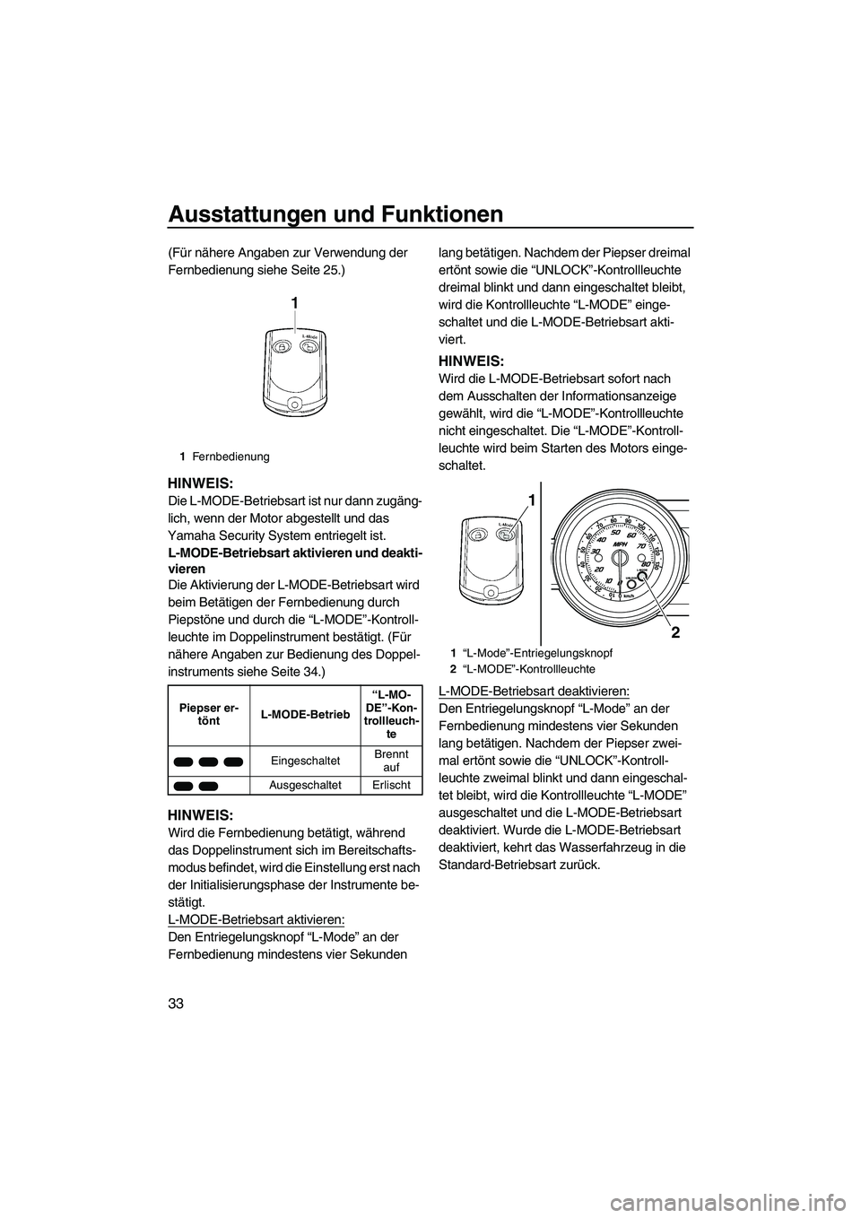 YAMAHA FZR 2009 Betriebsanleitungen (in German) Ausstattungen und Funktionen
33
(Für nähere Angaben zur Verwendung der
Fernbedienung siehe Seite 25.)
HINWEIS:
Die L-MODE-Betriebsart ist nur dann zugäng-
lich, wenn der Motor abgestellt und das
YAMAHA FZR 2009 Betriebsanleitungen (in German) Ausstattungen und Funktionen
33
(Für nähere Angaben zur Verwendung der
Fernbedienung siehe Seite 25.)
HINWEIS:
Die L-MODE-Betriebsart ist nur dann zugäng-
lich, wenn der Motor abgestellt und das