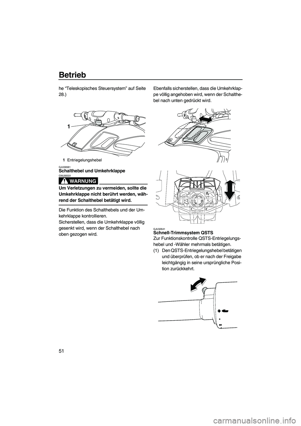 YAMAHA FZR 2009  Betriebsanleitungen (in German) Betrieb
51
he “Teleskopisches Steuersystem” auf Seite 
28.)
GJU36581Schalthebel und Umkehrklappe 
WARNUNG
GWJ00031
Um Verletzungen zu vermeiden, sollte die 
Umkehrklappe nicht berührt werden, wä