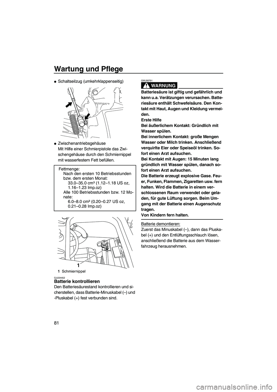 YAMAHA FZR 2009 Betriebsanleitungen (in German) Wartung und Pflege
81
Schaltseilzug (umkehrklappenseitig)
Zwischenantriebsgehäuse
Mit Hilfe einer Schmierpistole das Zwi-
schengehäuse durch den Schmiernippel
mit wasserfestem Fett befüllen.
GJU YAMAHA FZR 2009 Betriebsanleitungen (in German) Wartung und Pflege
81
Schaltseilzug (umkehrklappenseitig)
Zwischenantriebsgehäuse
Mit Hilfe einer Schmierpistole das Zwi-
schengehäuse durch den Schmiernippel
mit wasserfestem Fett befüllen.
GJU