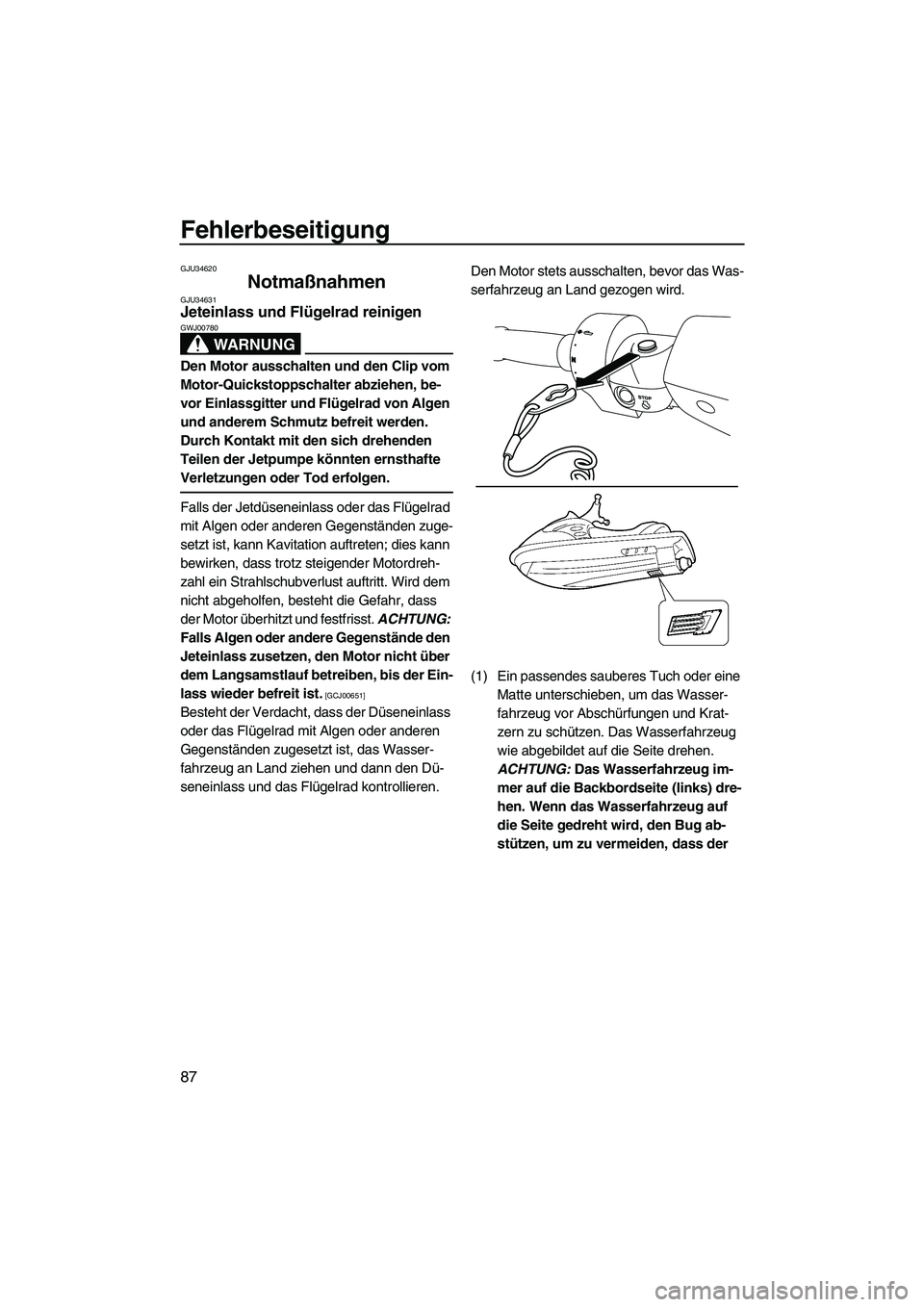 YAMAHA FZR 2009 Betriebsanleitungen (in German) Fehlerbeseitigung
87
GJU34620
Notmaßnahmen GJU34631Jeteinlass und Flügelrad reinigen
WARNUNG
GWJ00780
Den Motor ausschalten und den Clip vom
Motor-Quickstoppschalter abziehen, be-
vor Einlassgitte YAMAHA FZR 2009 Betriebsanleitungen (in German) Fehlerbeseitigung
87
GJU34620
Notmaßnahmen GJU34631Jeteinlass und Flügelrad reinigen
WARNUNG
GWJ00780
Den Motor ausschalten und den Clip vom
Motor-Quickstoppschalter abziehen, be-
vor Einlassgitte