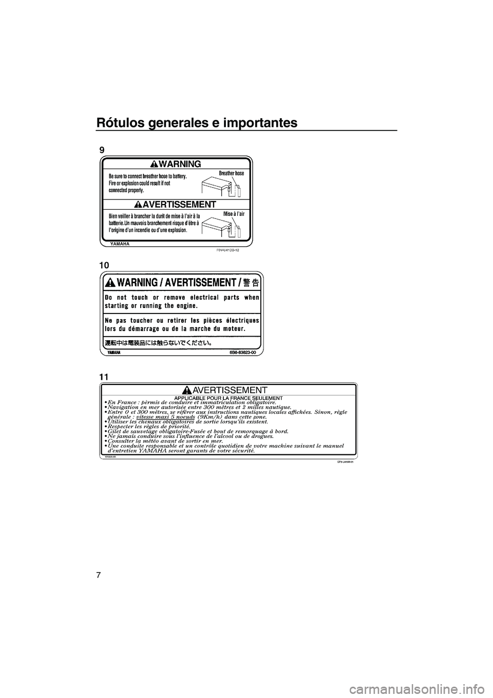 YAMAHA FZR SVHO 2009  Manuale de Empleo (in Spanish) Rótulos generales e importantes
7
UF2R70S0.book  Page 7  Friday, November 7, 2008  11:37 AM 