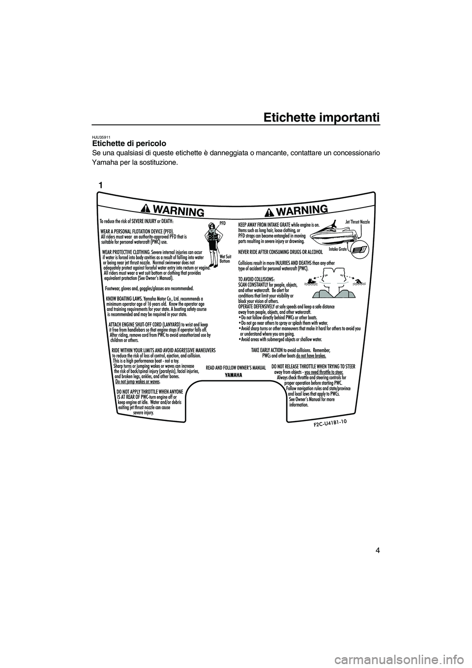 YAMAHA FZR SVHO 2009  Manuale duso (in Italian) Etichette importanti
4
HJU35911Etichette di pericolo 
Se una qualsiasi di queste etichette è danneggiata o mancante, contattare un concessionario
Yamaha per la sostituzione.
1
UF2R70H0.book  Page 4  
