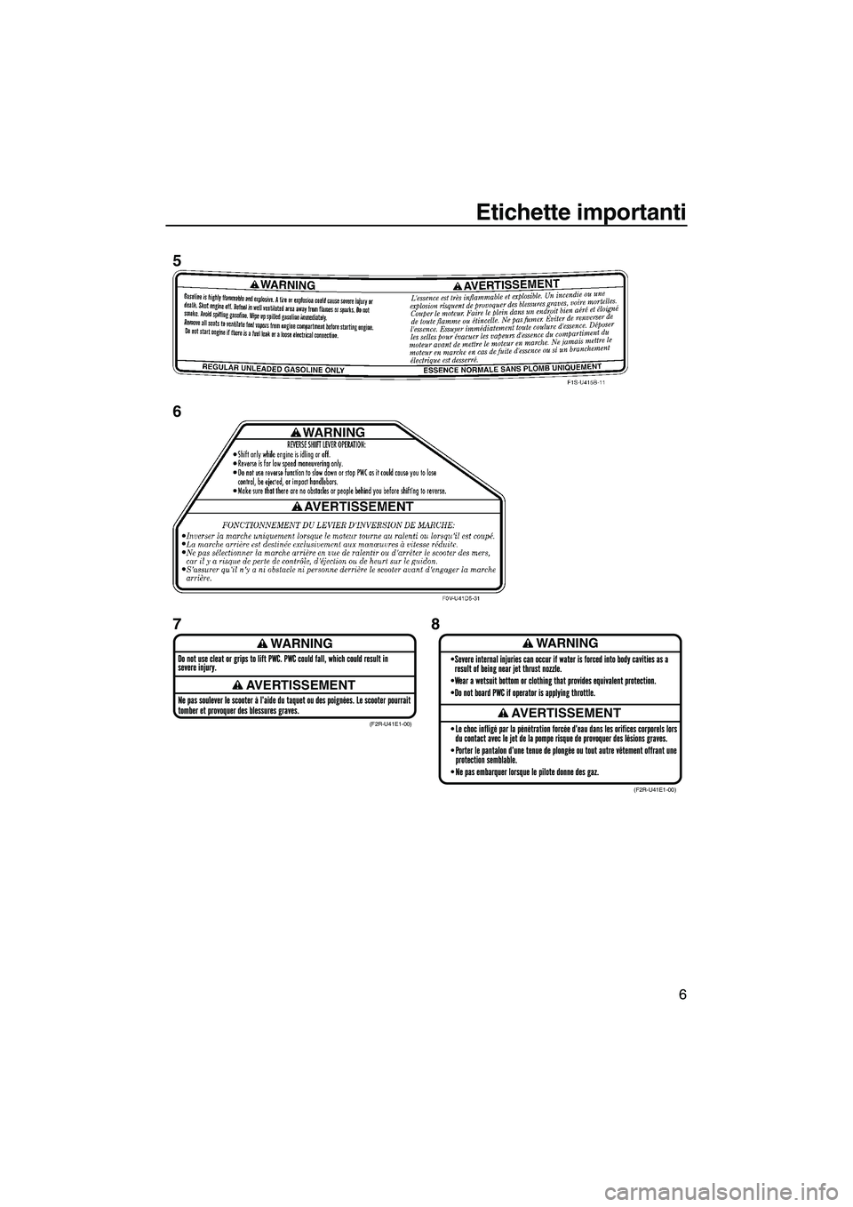 YAMAHA FZR SVHO 2009  Manuale duso (in Italian) Etichette importanti
6
WARNING
AVERTISSEMENT
WARNING
AVERTISSEMENT(F2R-U41E1-00)
(F2R-U41E1-00)
5
6
78
UF2R70H0.book  Page 6  Friday, November 7, 2008  12:00 PM 