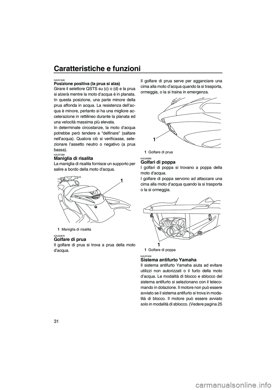 YAMAHA FZR SVHO 2009 Manuale duso (in Italian) Caratteristiche e funzioni
31
HJU31340Posizione positiva (la prua si alza)
Girare il selettore QSTS su (c) o (d) e la prua
si alzerà mentre la moto d’acqua è in planata.
In questa posizione, una YAMAHA FZR SVHO 2009 Manuale duso (in Italian) Caratteristiche e funzioni
31
HJU31340Posizione positiva (la prua si alza)
Girare il selettore QSTS su (c) o (d) e la prua
si alzerà mentre la moto d’acqua è in planata.
In questa posizione, una