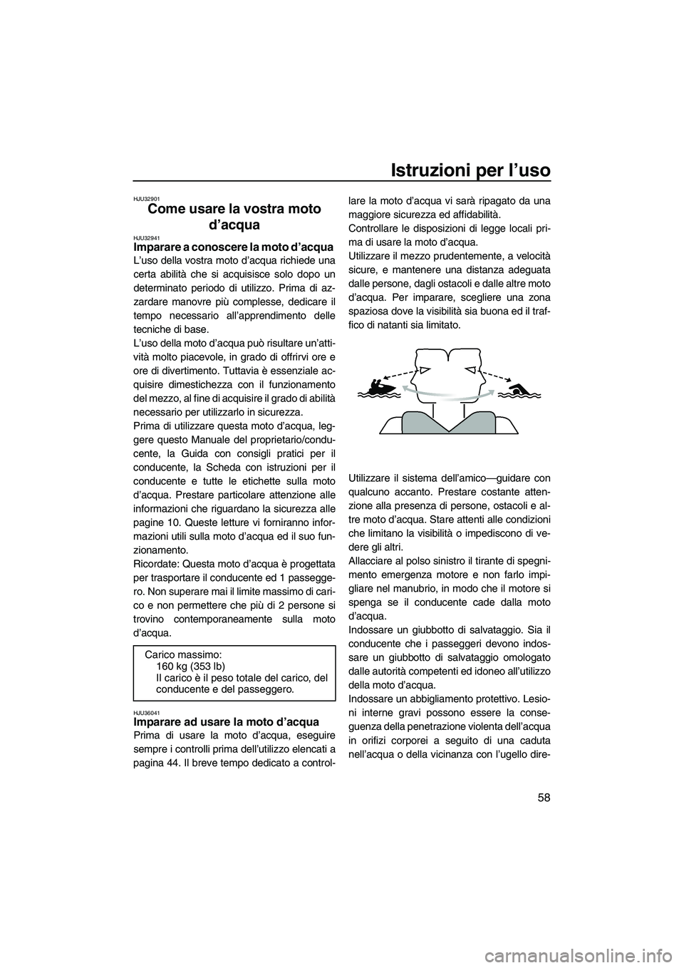 YAMAHA FZR SVHO 2009 Manuale duso (in Italian) Istruzioni per l’uso
58
HJU32901
Come usare la vostra moto
d’acqua
HJU32941Imparare a conoscere la moto d’acqua
L’uso della vostra moto d’acqua richiede una
certa abilità che si acquisis YAMAHA FZR SVHO 2009 Manuale duso (in Italian) Istruzioni per l’uso
58
HJU32901
Come usare la vostra moto
d’acqua
HJU32941Imparare a conoscere la moto d’acqua
L’uso della vostra moto d’acqua richiede una
certa abilità che si acquisis
