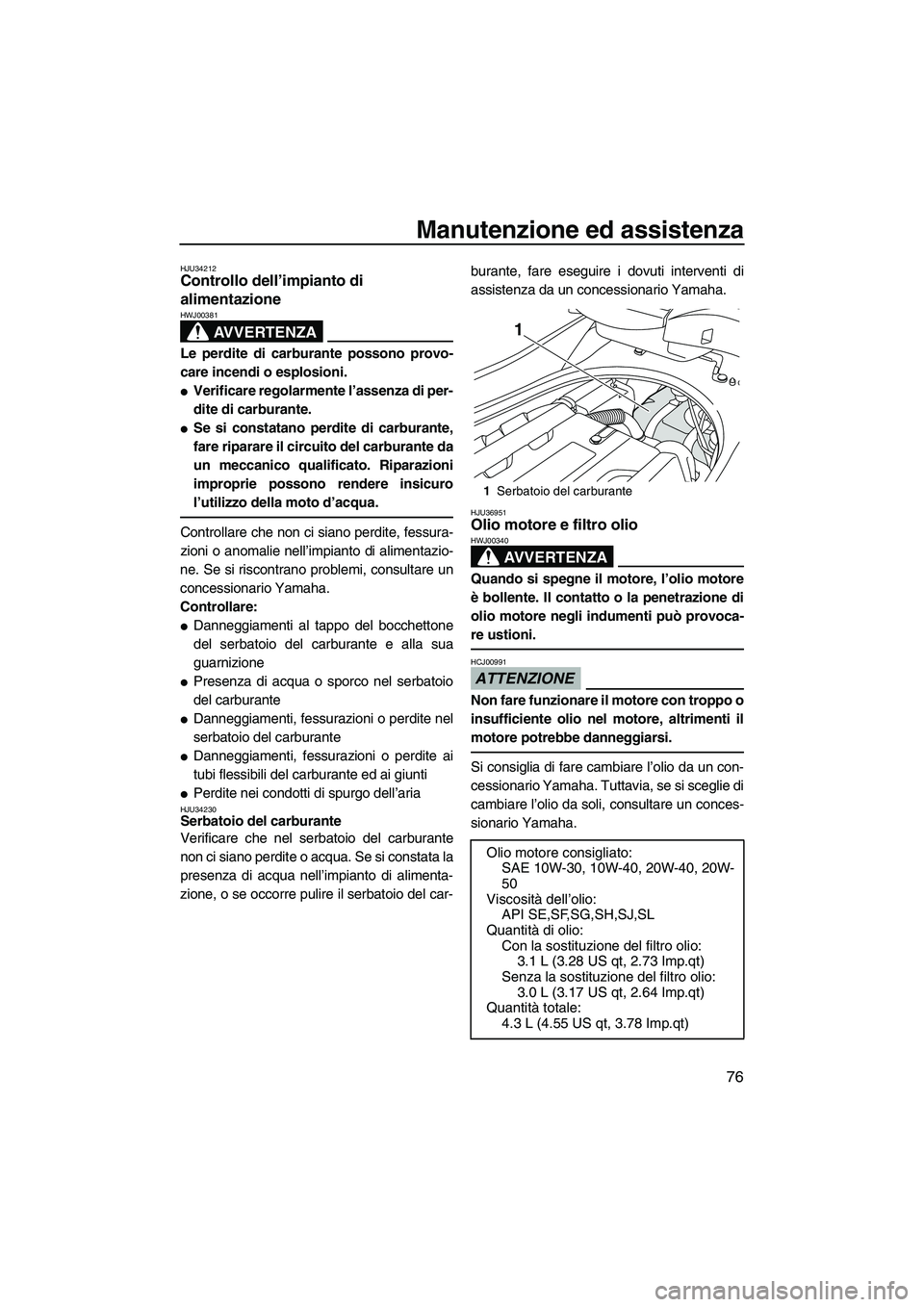 YAMAHA FZR SVHO 2009 Manuale duso (in Italian) Manutenzione ed assistenza
76
HJU34212Controllo dell’impianto di
alimentazione
AVVERTENZA
HWJ00381
Le perdite di carburante possono provo-
care incendi o esplosioni.
Verificare regolarmente l’a YAMAHA FZR SVHO 2009 Manuale duso (in Italian) Manutenzione ed assistenza
76
HJU34212Controllo dell’impianto di
alimentazione
AVVERTENZA
HWJ00381
Le perdite di carburante possono provo-
care incendi o esplosioni.
Verificare regolarmente l’a