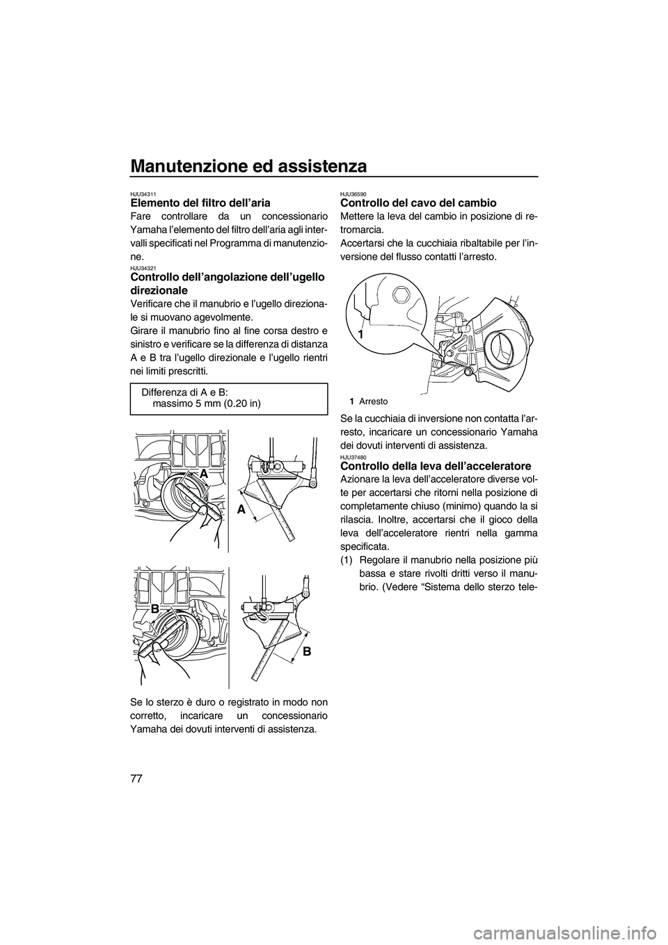 YAMAHA FZR SVHO 2009 Manuale duso (in Italian) Manutenzione ed assistenza
77
HJU34311Elemento del filtro dell’aria
Fare controllare da un concessionario
Yamaha l’elemento del filtro dell’aria agli inter-
valli specificati nel Programma di m YAMAHA FZR SVHO 2009 Manuale duso (in Italian) Manutenzione ed assistenza
77
HJU34311Elemento del filtro dell’aria
Fare controllare da un concessionario
Yamaha l’elemento del filtro dell’aria agli inter-
valli specificati nel Programma di m