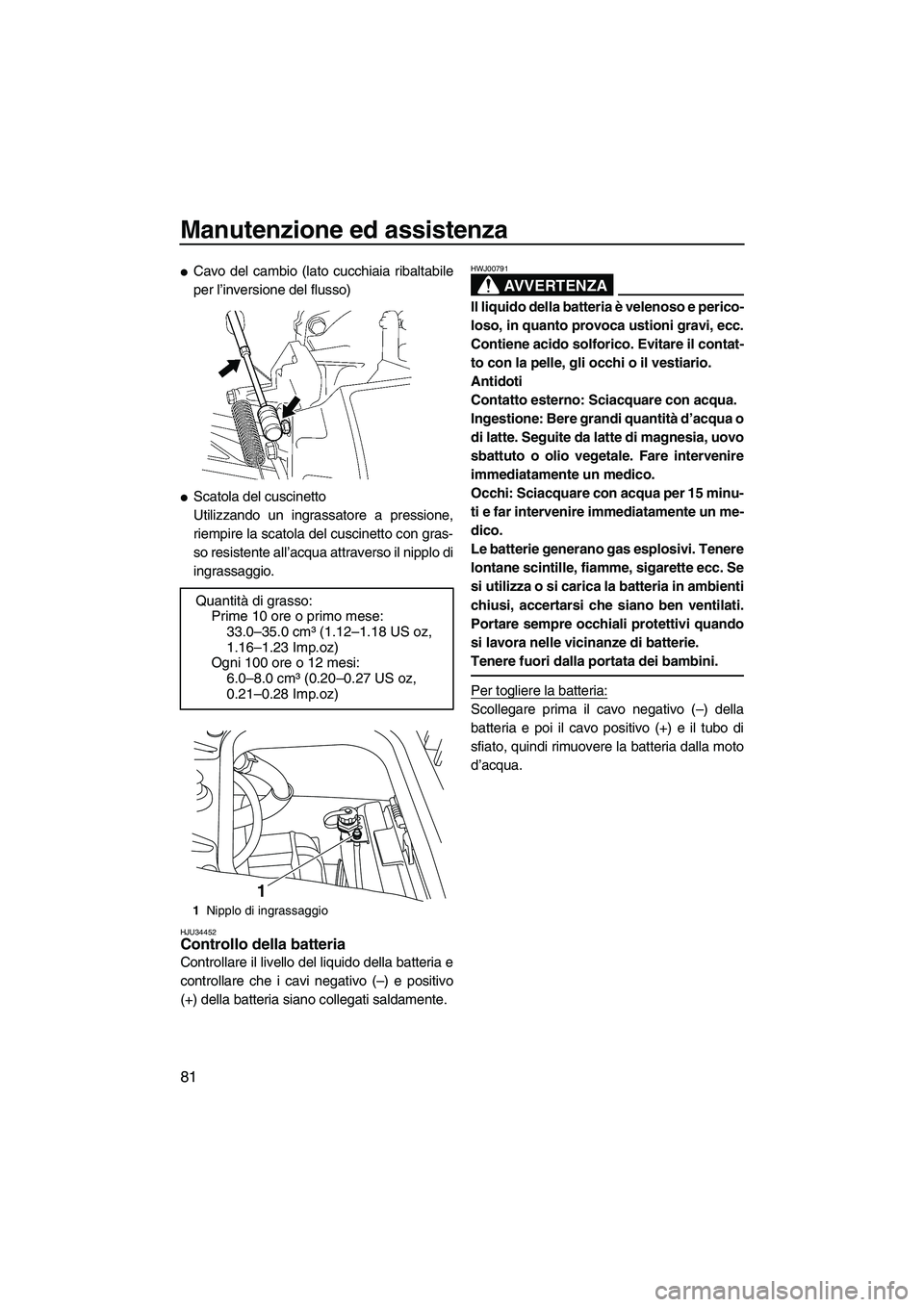 YAMAHA FZR SVHO 2009 Manuale duso (in Italian) Manutenzione ed assistenza
81
Cavo del cambio (lato cucchiaia ribaltabile
per l’inversione del flusso)
Scatola del cuscinetto
Utilizzando un ingrassatore a pressione,
riempire la scatola del cusci YAMAHA FZR SVHO 2009 Manuale duso (in Italian) Manutenzione ed assistenza
81
Cavo del cambio (lato cucchiaia ribaltabile
per l’inversione del flusso)
Scatola del cuscinetto
Utilizzando un ingrassatore a pressione,
riempire la scatola del cusci