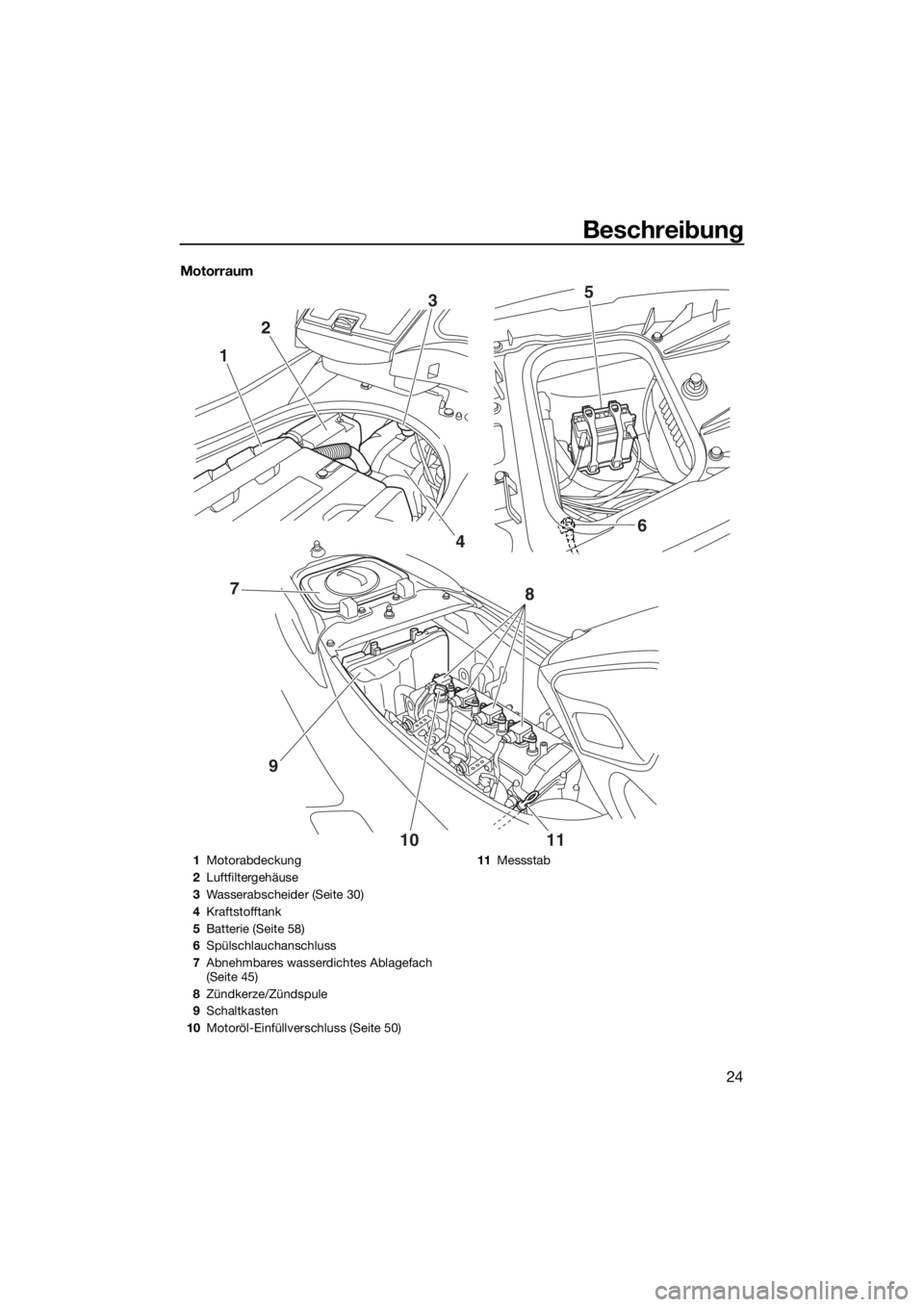 YAMAHA FZR SVHO 2016  Betriebsanleitungen (in German) Beschreibung
24
Motorraum
123
46 5
10 11
8
97
1Motorabdeckung
2Luftfiltergehäuse
3Wasserabscheider (Seite 30)
4Kraftstofftank
5Batterie (Seite 58)
6Spülschlauchanschluss
7Abnehmbares wasserdichtes A