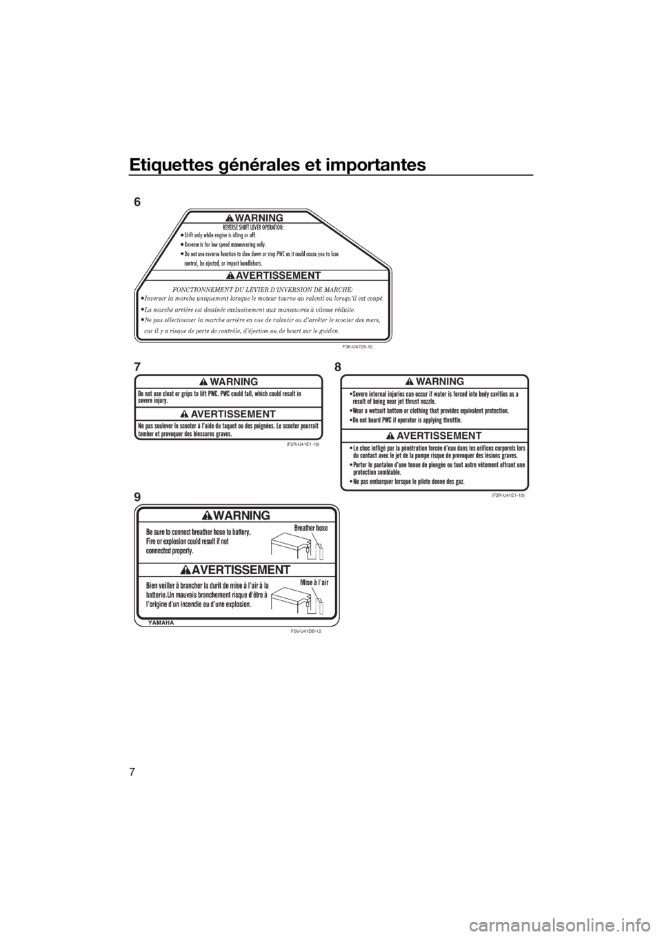 YAMAHA FZR SVHO 2016  Notices Demploi (in French) Etiquettes générales et importantes
7
WARNING
AVERTISSEMENT
WARNING
AVERTISSEMENT(F2R-U41E1-10)
(F2R-U41E1-10)
F3K-U41D5-10
F0V-U41DB-12
6
78
9
UF3L72F0.book  Page 7  Thursday, July 23, 2015  3:28 P