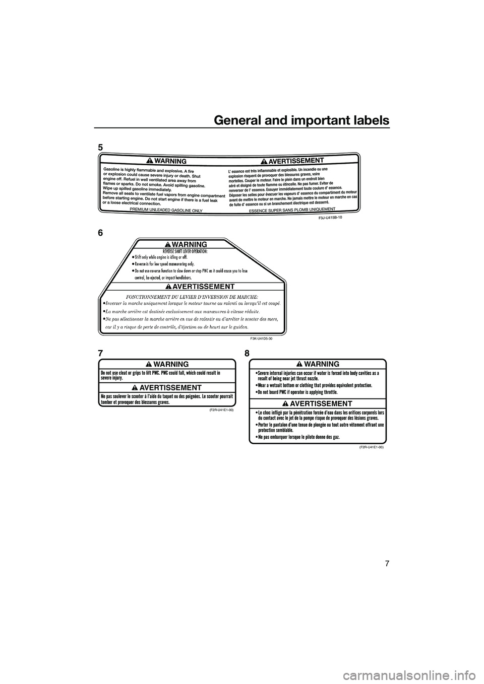 YAMAHA FZR SVHO 2015  Owners Manual General and important labels
7
WARNING
AVERTISSEMENT
WARNING
AVERTISSEMENT(F2R-U41E1-00)(F2R-U41E1-00)
F3K-U41D5-30
5
6
78
UF3L71E0.book  Page 7  Monday, June 30, 2014  9:06 AM 