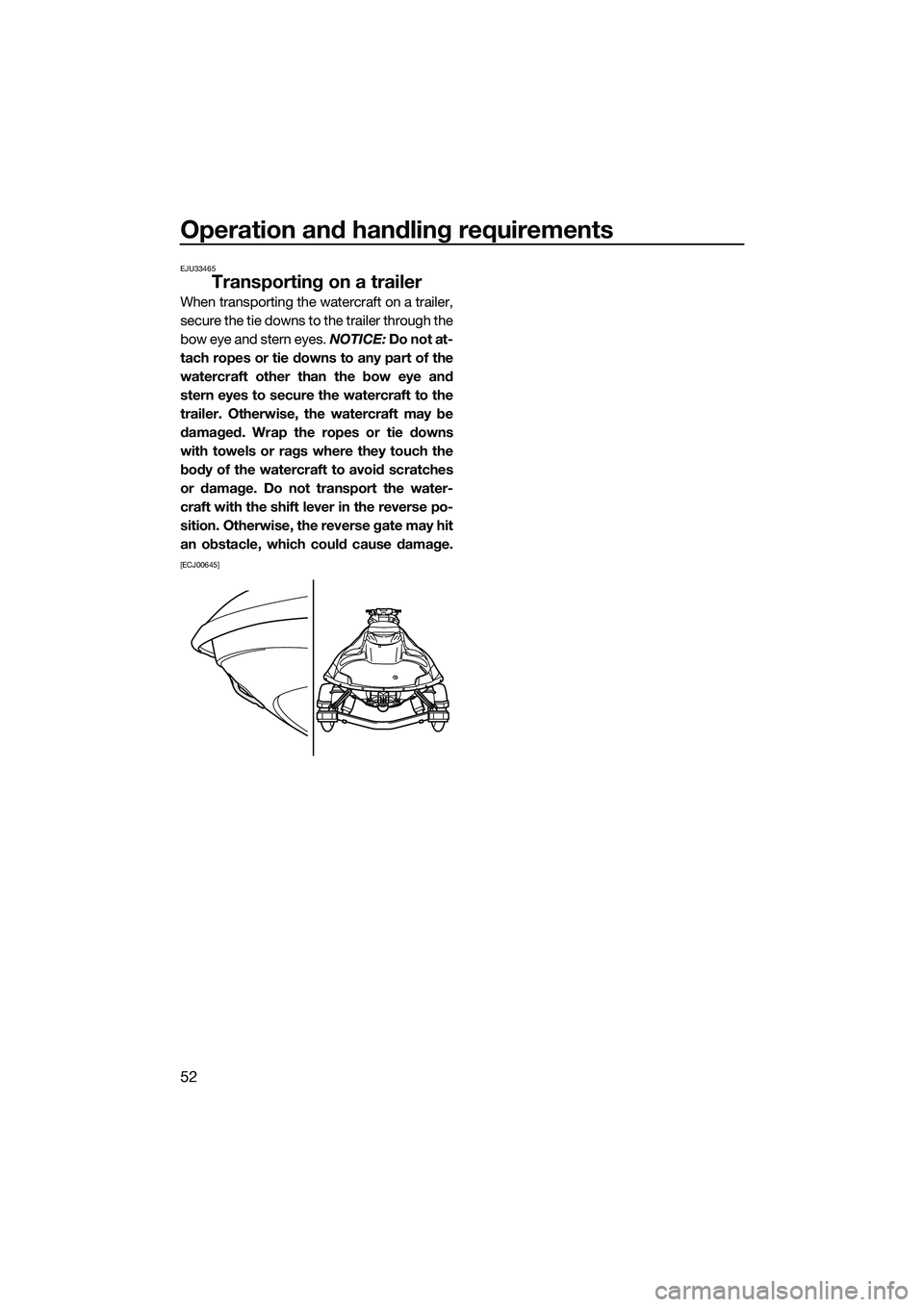 YAMAHA FZR SVHO 2015  Owners Manual Operation and handling requirements
52
EJU33465
Transporting on a trailer
When transporting the watercraft on a trailer,
secure the tie downs to the trailer through the
bow eye and stern eyes. NOTICE: