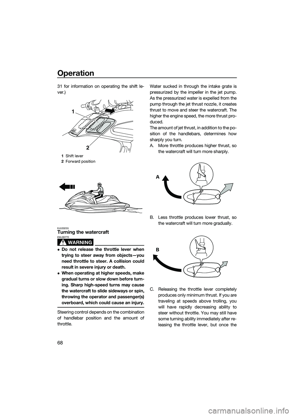 YAMAHA FZR SVHO 2015 Owners Manual Operation
68
31 for information on operating the shift le-
ver.)
EJU33255Turning the watercraft
WARNING
EWJ00772
Do not release the throttle lever when
trying to steer away from objects—you
need YAMAHA FZR SVHO 2015 Owners Manual Operation
68
31 for information on operating the shift le-
ver.)
EJU33255Turning the watercraft
WARNING
EWJ00772
Do not release the throttle lever when
trying to steer away from objects—you
need