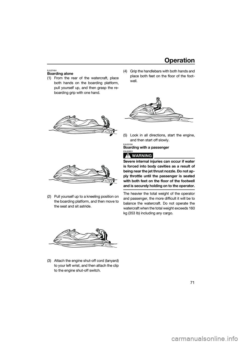 YAMAHA FZR SVHO 2015 Owners Manual Operation
71
EJU37464Boarding alone
(1) From the rear of the watercraft, placeboth hands on the boarding platform,
pull yourself up, and then grasp the re-
boarding grip with one hand.
(2) Pull yourse YAMAHA FZR SVHO 2015 Owners Manual Operation
71
EJU37464Boarding alone
(1) From the rear of the watercraft, placeboth hands on the boarding platform,
pull yourself up, and then grasp the re-
boarding grip with one hand.
(2) Pull yourse