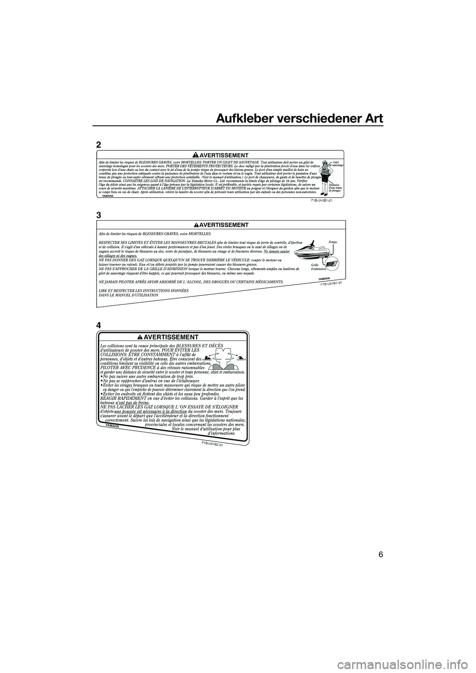 YAMAHA FZR SVHO 2015  Betriebsanleitungen (in German) Aufkleber verschiedener Art
6
UF3L71G0.book  Page 6  Friday, June 20, 2014  2:19 PM 