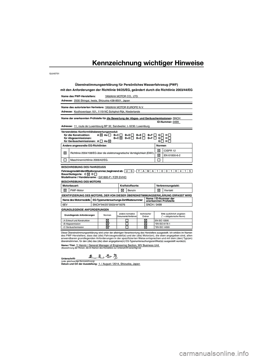 YAMAHA FZR SVHO 2015 Betriebsanleitungen (in German) Kennzeichnung wichtiger Hinweise
GJU42751
Übereinstimmungserklärung für Persönliches Wasserfahrzeug (PWF)
mit den Anforderungen der Richtlinie 94/25/EG, geändert durch die Richtlinie 2003/44/EG
N YAMAHA FZR SVHO 2015 Betriebsanleitungen (in German) Kennzeichnung wichtiger Hinweise
GJU42751
Übereinstimmungserklärung für Persönliches Wasserfahrzeug (PWF)
mit den Anforderungen der Richtlinie 94/25/EG, geändert durch die Richtlinie 2003/44/EG
N