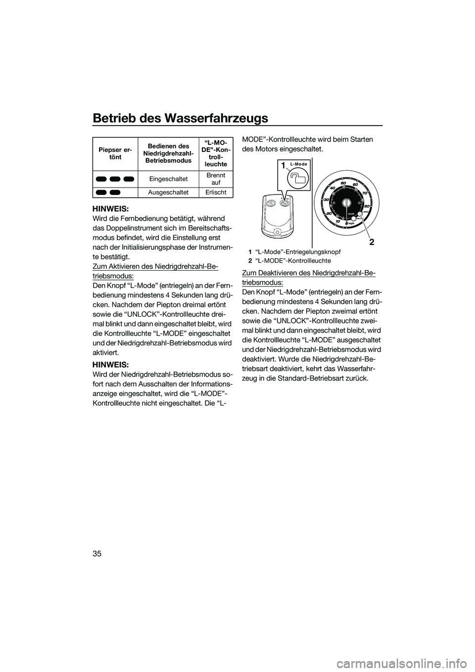 YAMAHA FZR SVHO 2015 Betriebsanleitungen (in German) Betrieb des Wasserfahrzeugs
35
HINWEIS:
Wird die Fernbedienung betätigt, während
das Doppelinstrument sich im Bereitschafts-
modus befindet, wird die Einstellung erst
nach der Initialisierungsphas YAMAHA FZR SVHO 2015 Betriebsanleitungen (in German) Betrieb des Wasserfahrzeugs
35
HINWEIS:
Wird die Fernbedienung betätigt, während
das Doppelinstrument sich im Bereitschafts-
modus befindet, wird die Einstellung erst
nach der Initialisierungsphas