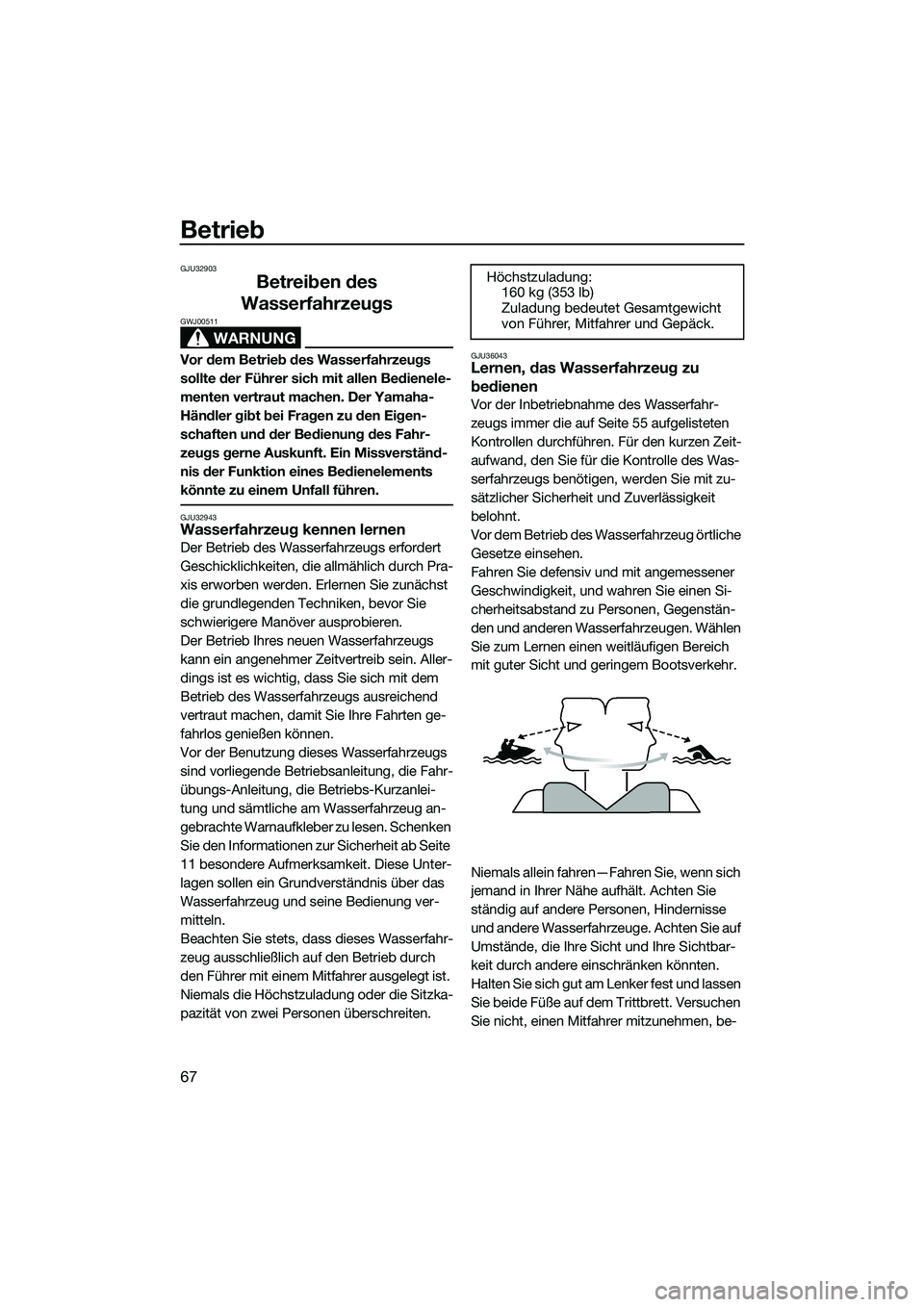 YAMAHA FZR SVHO 2015 Betriebsanleitungen (in German) Betrieb
67
GJU32903
Betreiben des
Wasserfahrzeugs
WARNUNG
GWJ00511
Vor dem Betrieb des Wasserfahrzeugs
sollte der Führer sich mit allen Bedienele-
menten vertraut machen. Der Yamaha-
Händler gibt YAMAHA FZR SVHO 2015 Betriebsanleitungen (in German) Betrieb
67
GJU32903
Betreiben des
Wasserfahrzeugs
WARNUNG
GWJ00511
Vor dem Betrieb des Wasserfahrzeugs
sollte der Führer sich mit allen Bedienele-
menten vertraut machen. Der Yamaha-
Händler gibt