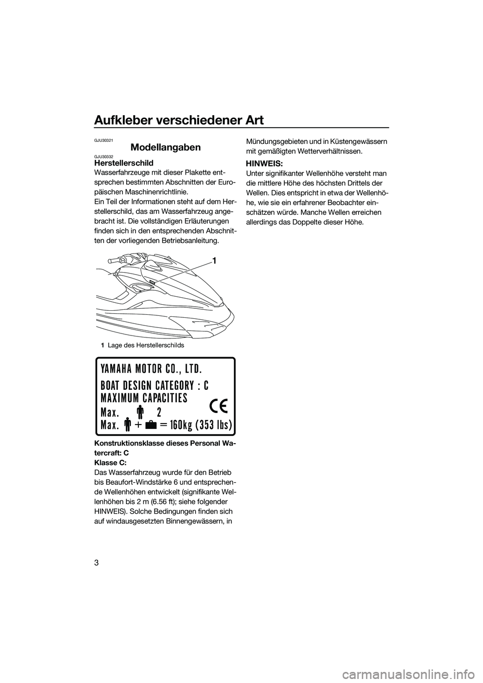 YAMAHA FZR SVHO 2015 Betriebsanleitungen (in German) Aufkleber verschiedener Art
3
GJU30321
ModellangabenGJU30332Herstellerschild
Wasserfahrzeuge mit dieser Plakette ent-
sprechen bestimmten Abschnitten der Euro-
päischen Maschinenrichtlinie.
Ein Teil YAMAHA FZR SVHO 2015 Betriebsanleitungen (in German) Aufkleber verschiedener Art
3
GJU30321
ModellangabenGJU30332Herstellerschild
Wasserfahrzeuge mit dieser Plakette ent-
sprechen bestimmten Abschnitten der Euro-
päischen Maschinenrichtlinie.
Ein Teil